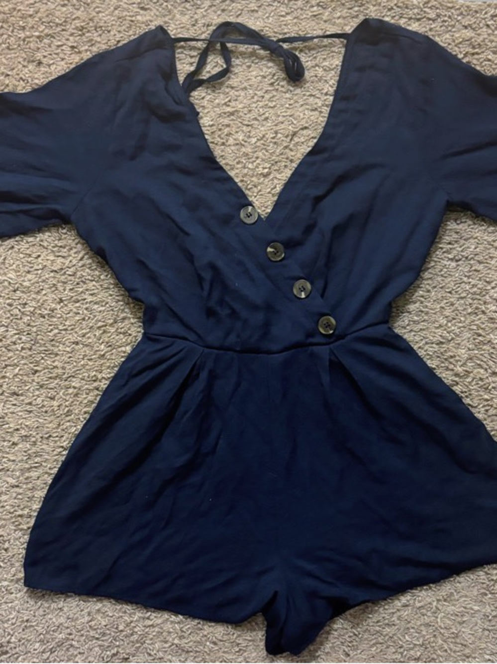 Charlotte Russe Woman’s Sm Navy V-Neck Button Romper Open Bow Tie Back Like New